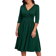 Nmoder Casual A-Line Flared Church Dress V Neck 3/4 Sleeve with Pockets