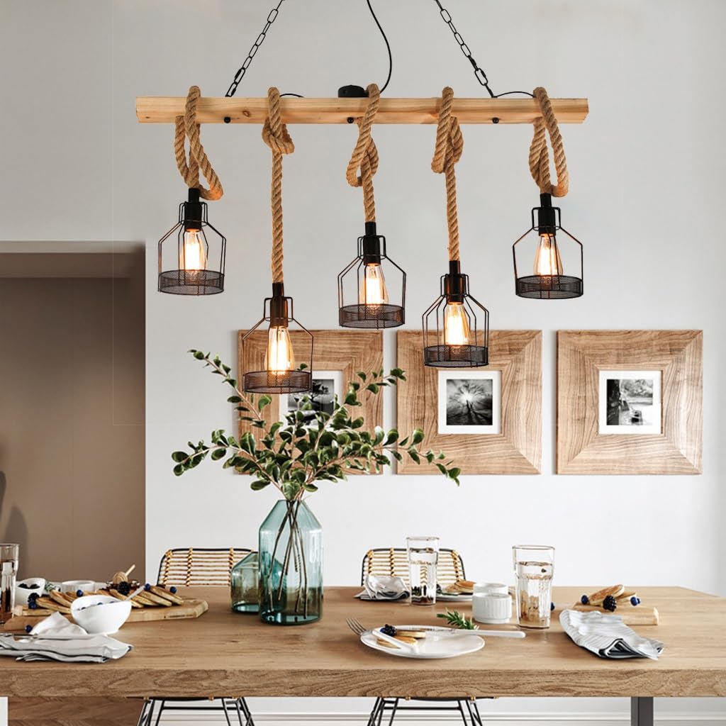 Vintage Holz Pendelleuchte Esstischlampe E27*5 Kronleuchter Höhenverstellbar Hängelampe Hanfseil DIY Verstellbare Hängeleuchte Eisen Pendelampe Wohnzimmer Küche Bar Deckenleuchte 100CM