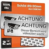 AIFIZO Videoüberwachung Schild 2 Stück 85mm×30mm mit 3M Tape, Gebürsteter Aluminium Achtung Videoüberwachung Schild, Achtung Privatgrundstück, Selbstklebend & Aluminium
