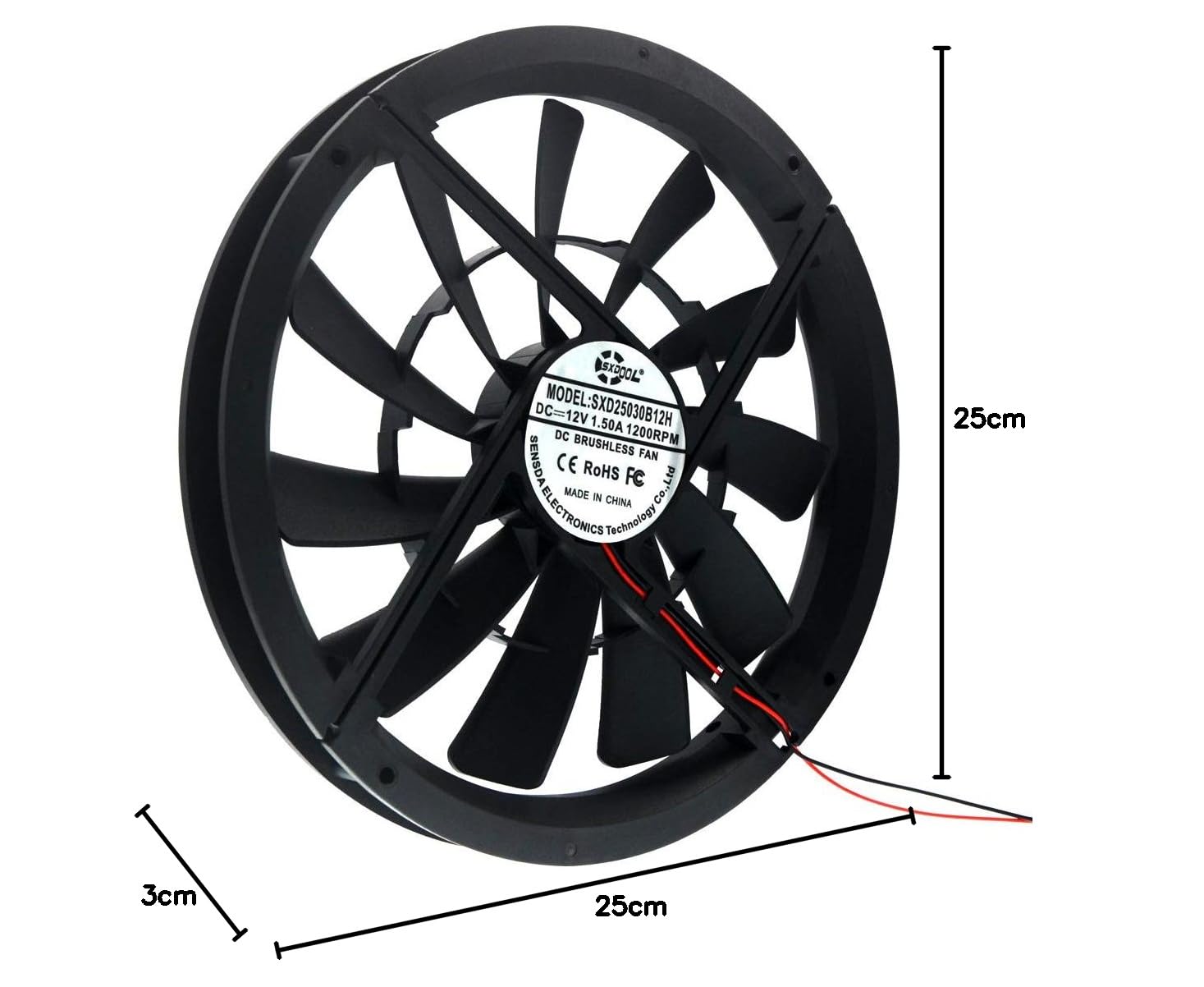 Ventola di raffreddamento da 250 mm CC 12 V, 1200 giri/min, 40 dBA, molex 4D, 25 x 3 cm, per computer case server silenzioso