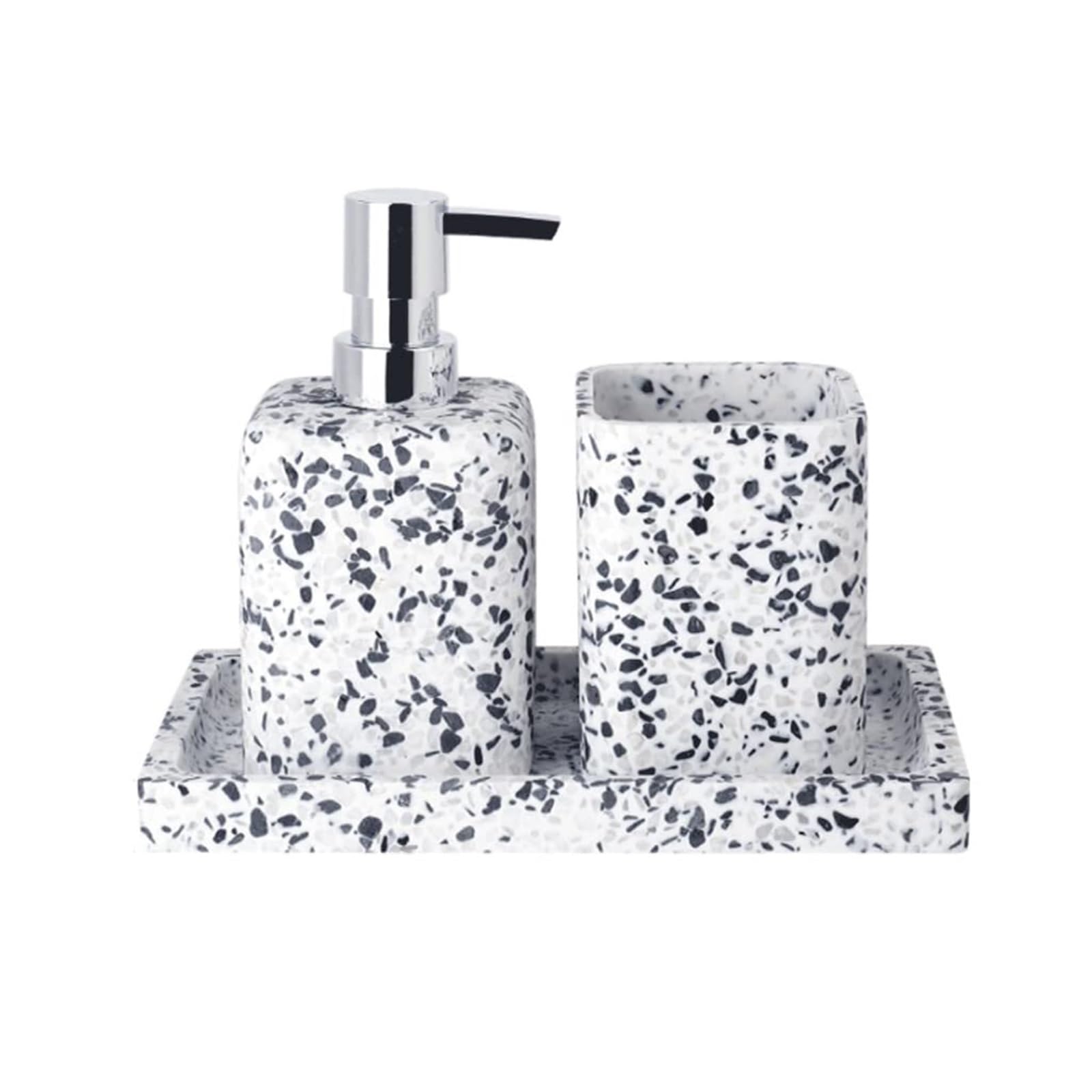 Accesorios de baño premium en terrazo rosa con dosificador artesanal de tres piezas