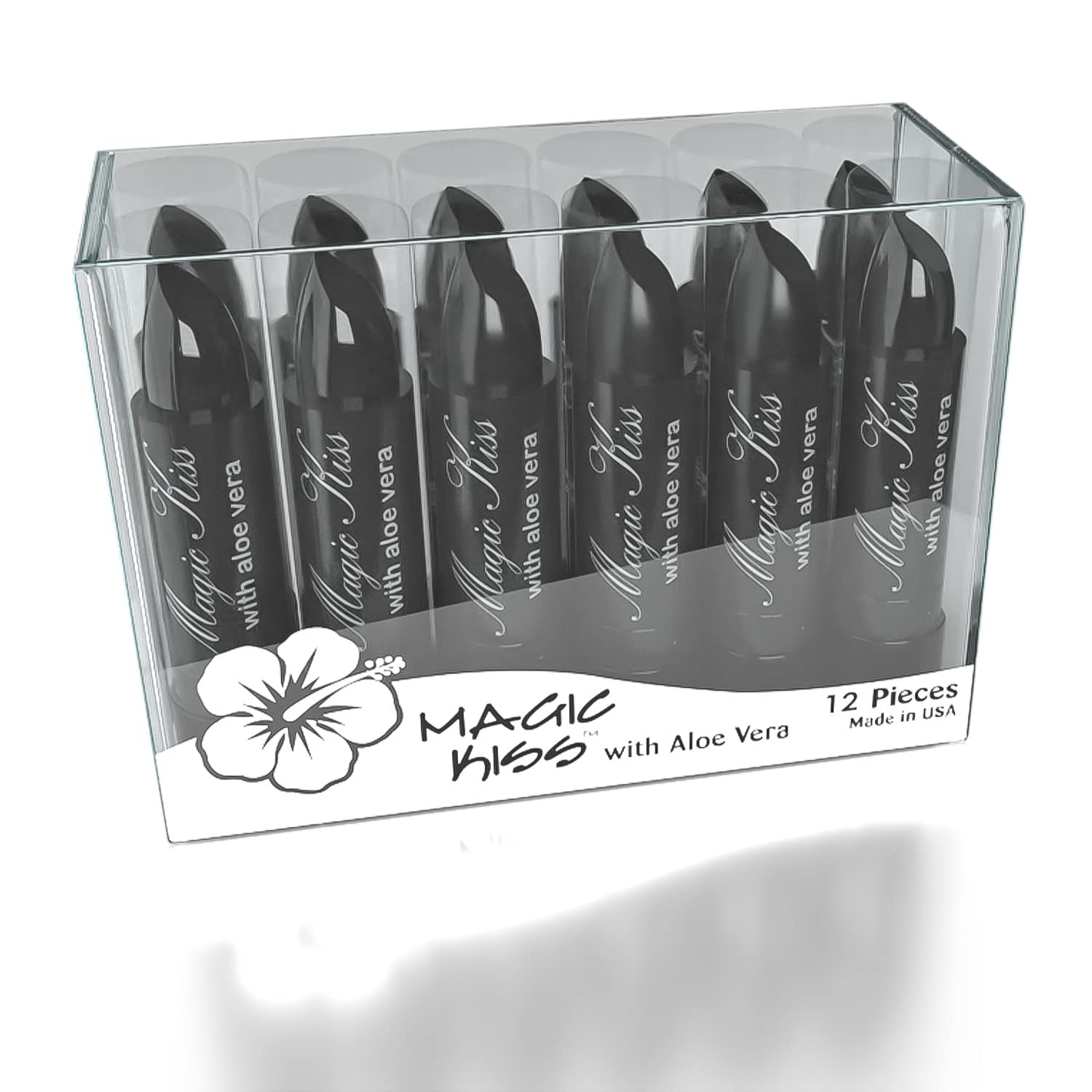 Magic Kiss Pack of 12 Color Changing Aloe Vera Lipstick set, MADE IN USA (Black)