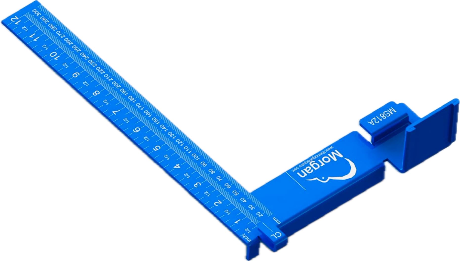 Morgan Square - Escuadra de carpintero de 8 x 12 pulgadas (aluminio azul) compatible con la mayoría de cintas métricas, medición y marcado de diseño de movimiento único, marca de línea