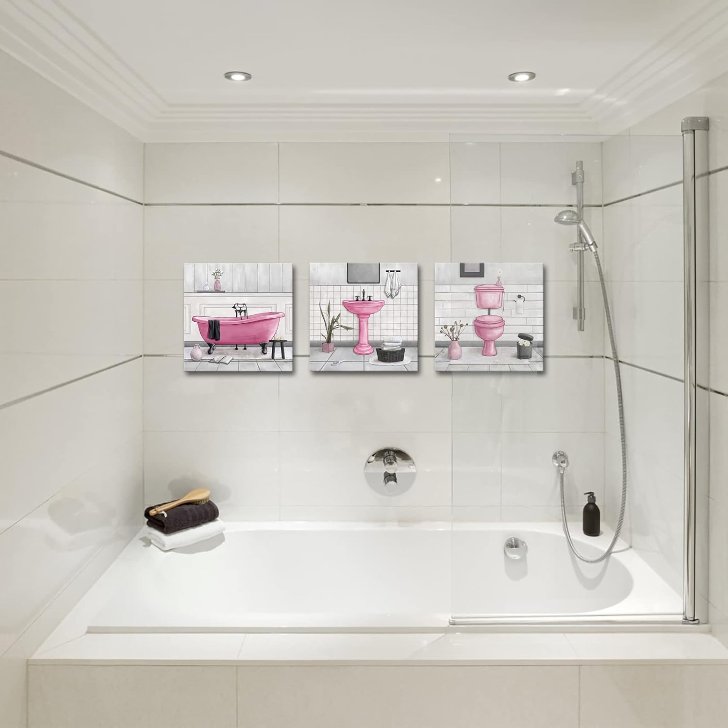 HOMEOART Bathroom Wall Art Bath Tub Painting Picture Bathroom Wall Decor Framed Ready to Hang 12x12inchx3 Pink