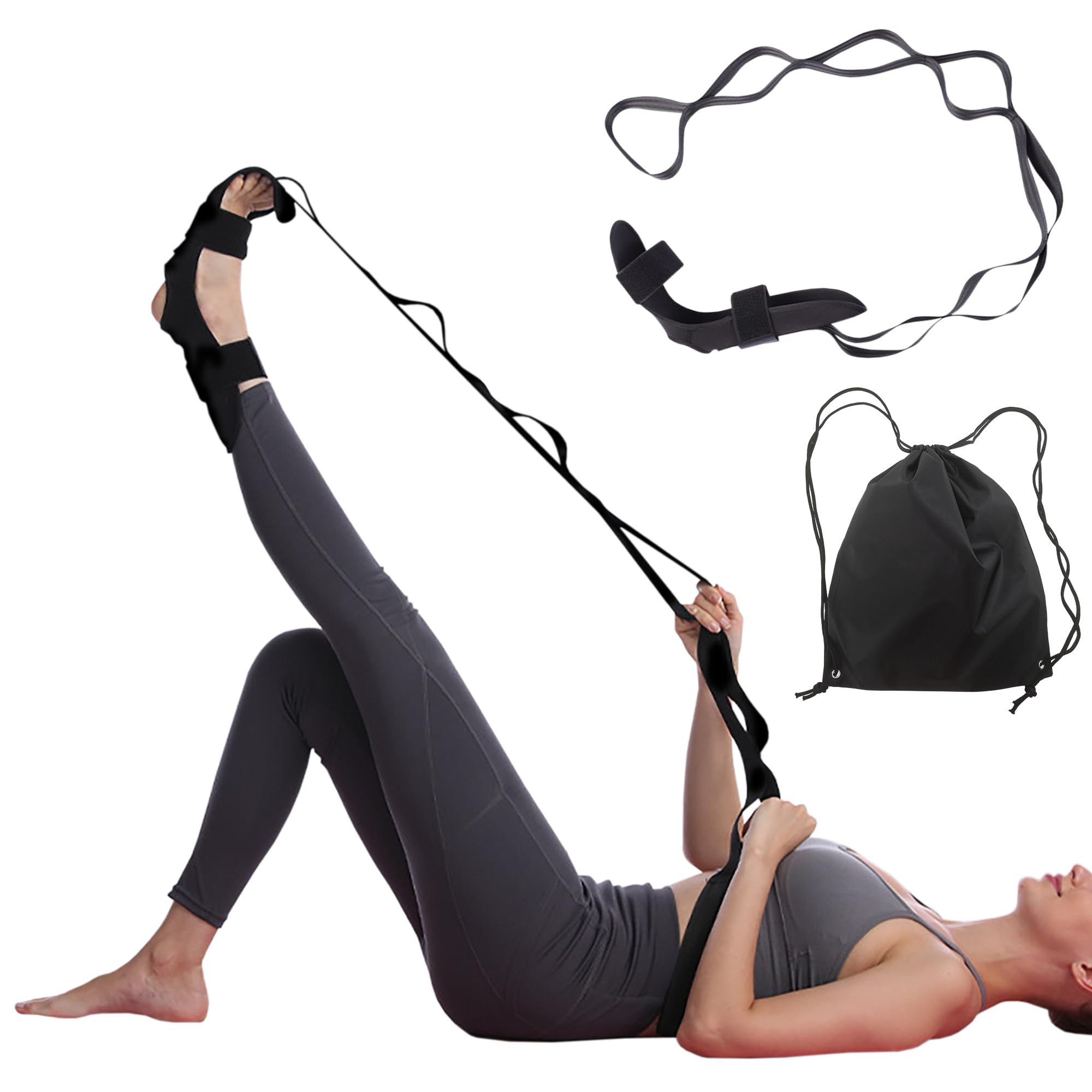 Fascia Stretcher Yoga Foot Calf Leg Stretcher Strap With Drawstring Storage Bag Multi-Loop Flex Stretching Band For Gym Workout Pilates Physical Therapy Gymnastics Plantar Fasciitis Hamstring
