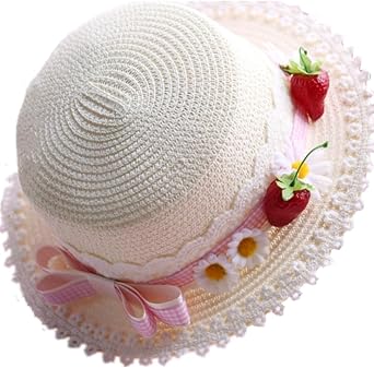 Lolita Strawberry Straw Hat for Women Teens Summer Outdoor Fashionable Wide Brim Beach Sun Hats UV Protection