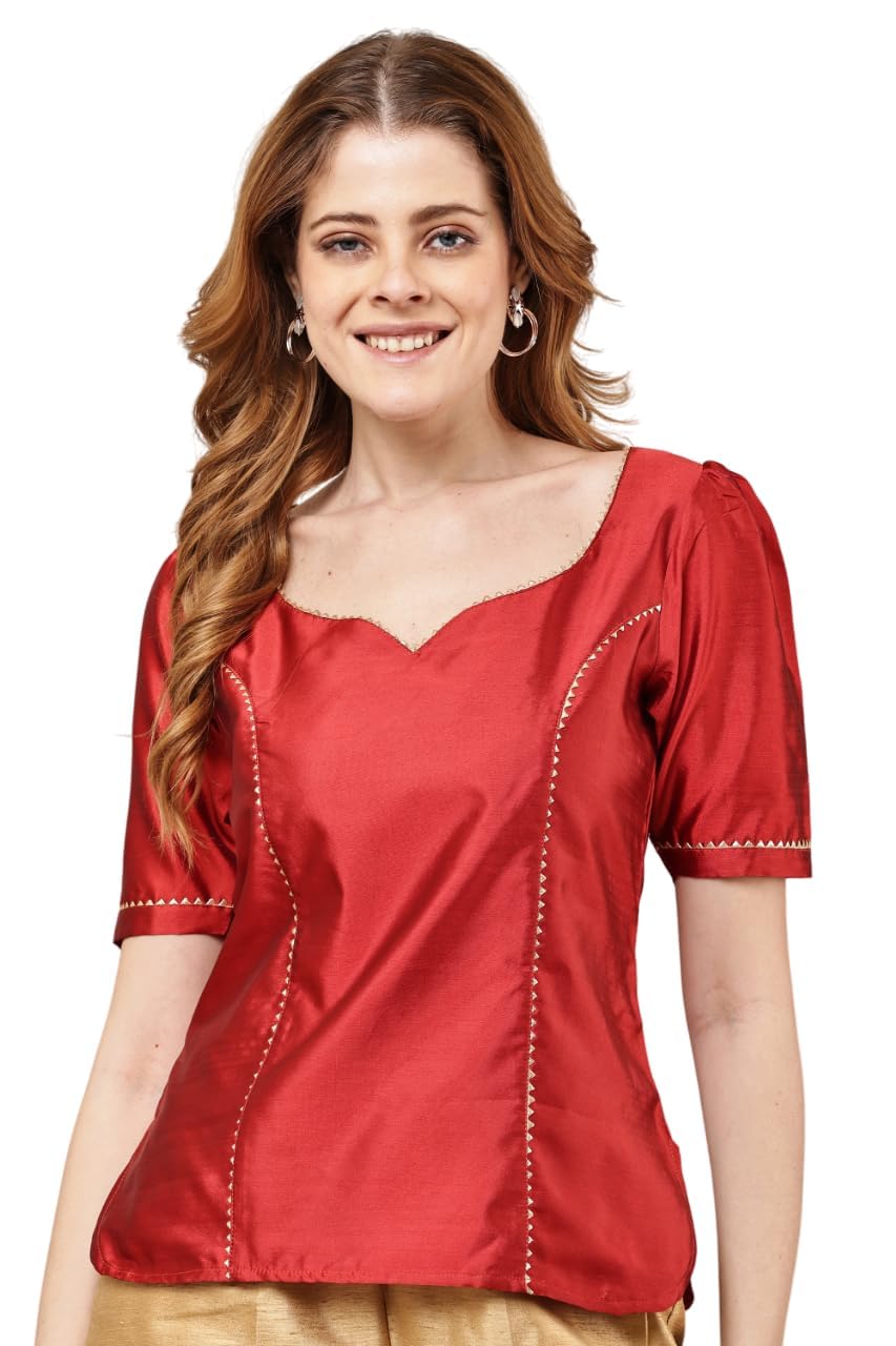 Elegant Red Silk-Blend Blouse with Elbow-Length Sleeves | Timeless Traditional Design | Comfortable & Sophisticated for Women-image-47