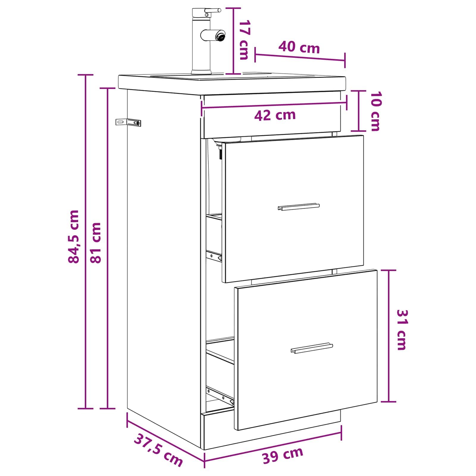 Lavabo con armario bajo lavabo roble negro 42 cm | Juego de muebles de baño compacto para el baño de invitados o baño pequeño. Incluye lavabo, grifo y dos cajones.