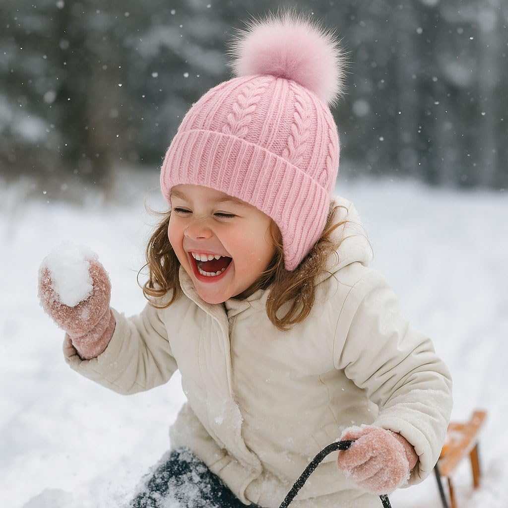 Toddler Earflap Beanie Hat with Pom Pom, Girls Boys Knit Cap Warm Winter Hats for Kids - Image 6