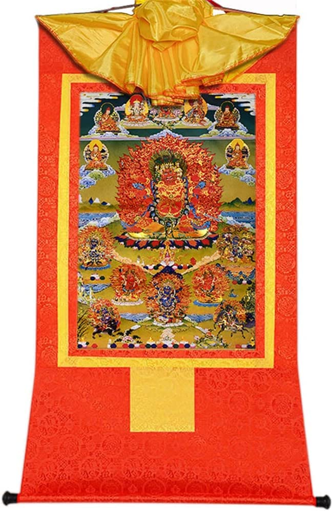 Thangka tibetana Hayagriva brocado budista rojo para eliminar distracciones