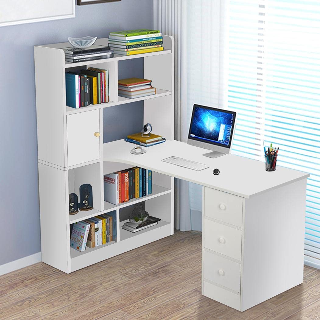 L Shaped Computer Desk with Hutch & Bookshelf, Home Corner Office Desk with Shelves and Drawers, Wood Study Writing Table Workstation with Storage Cabinet, Desk Bookcase Combination (White)