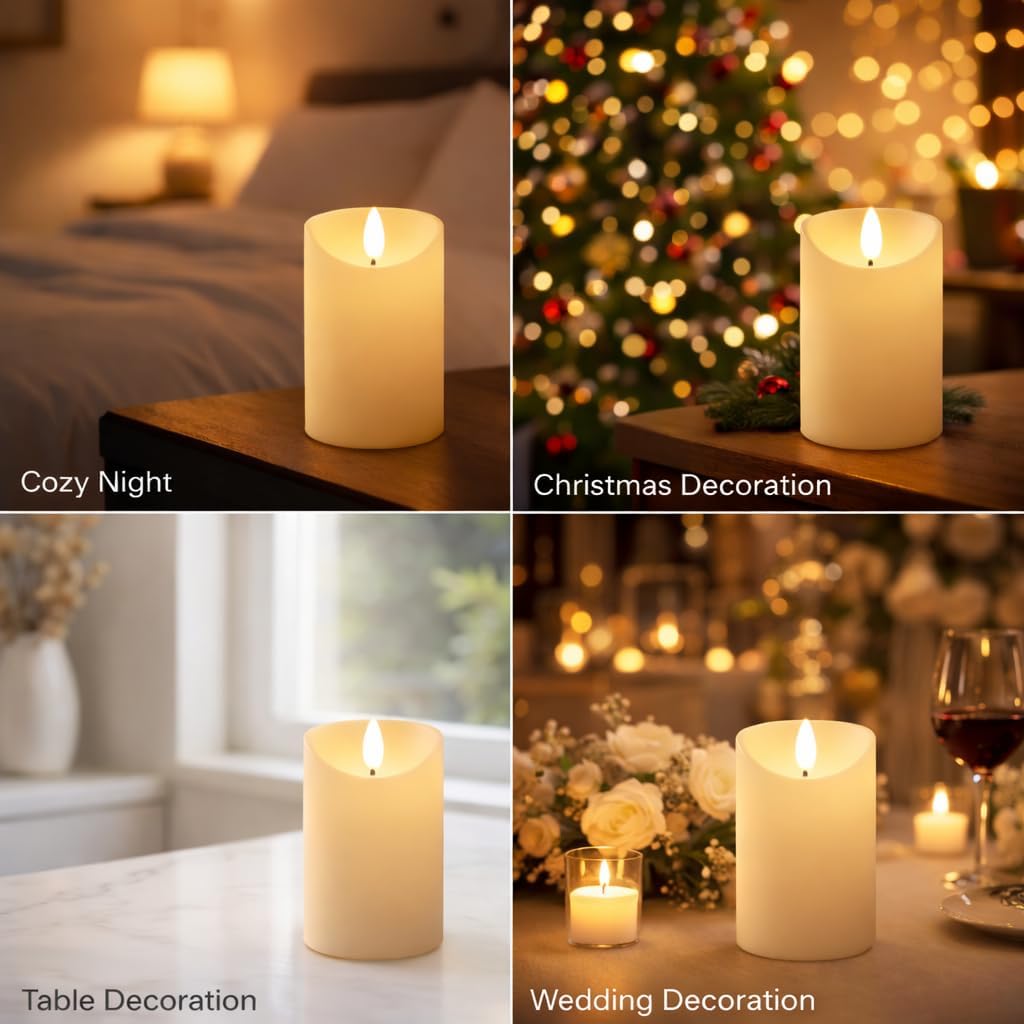 Flameless LED Candle Battery Operated, 5” x 3” Flickering Electric Pillar Candle Real Wax Finish, Safe Fake Candles for Home Decor, Wedding, Christmas Decorations，Party Centerpiece