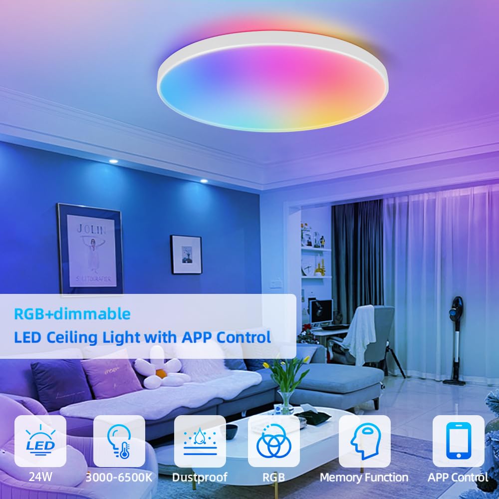 CHENBEN Plafón LED Techo, 24W RGB 3000-6500K, IP44, Compatible con Alexa | Regulable con mando a distancia y APP,compatible con voz Alexa.Iluminación RGB 3000-6500K,IP44,Para Baño, Dormitorio