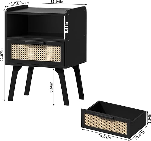 Miniatura 29 de Lerliuo Juego de 2 mesitas de noche de ratán, mesa auxiliar bohemia con cajón abierto, mesa auxiliar de noche con patas de madera maciza para Negro