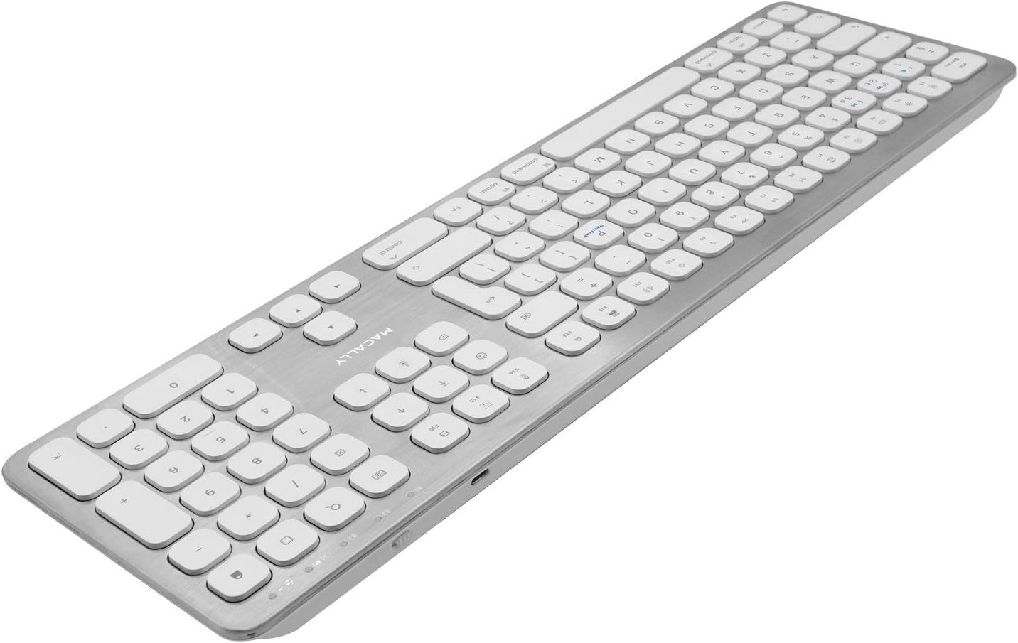 Side view of the Macally BTWKEYMB-UK keyboard, highlighting its slim profile and power switch.