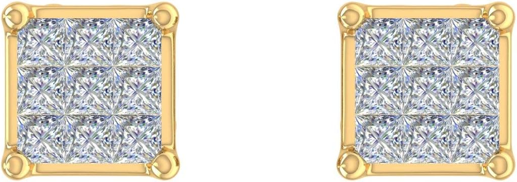 1/10 to 0.75 Carat Invisible Set Princess Cut Natural Diamond Stud Earrings in 10K Gold or 950 Platinum