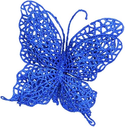 NOLITOY 6 adornos inastillables de mariposas azules Navideños para árbol de Navidad, púas con purpurina con estacas de mariposa, corona de Navidad,