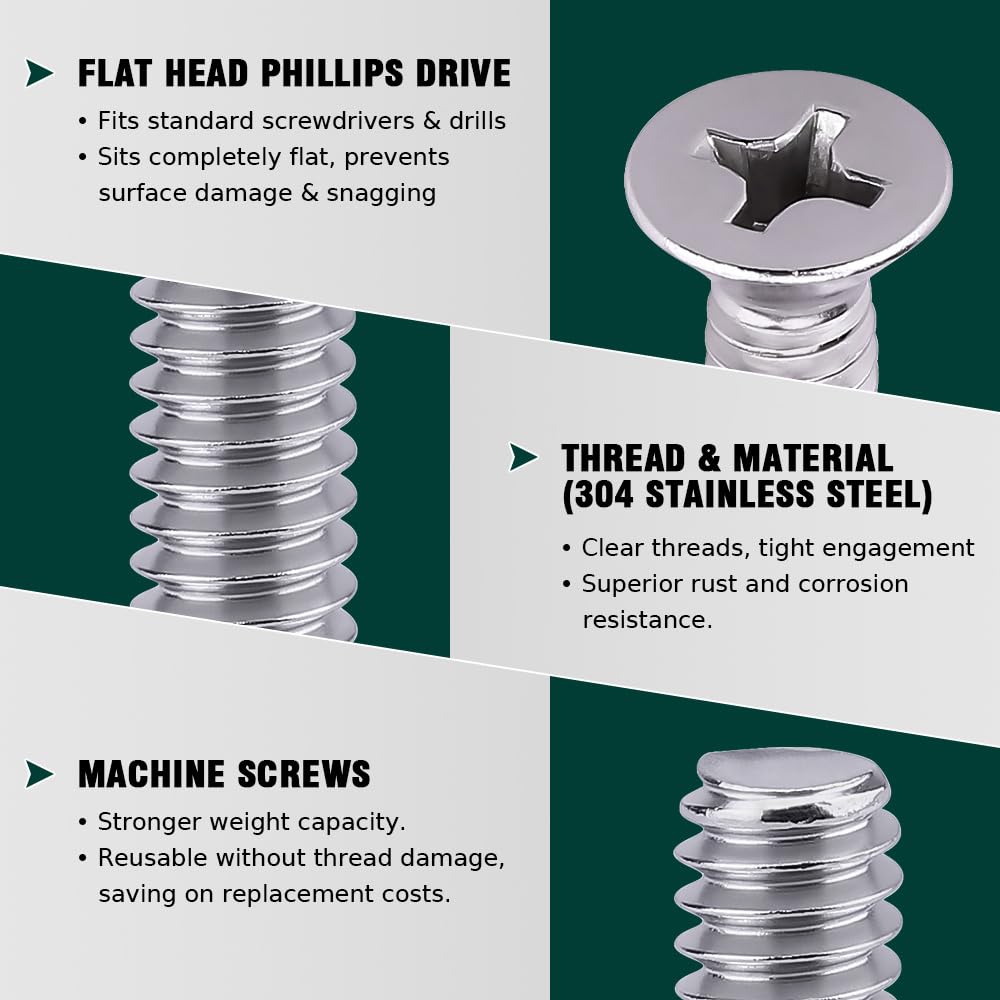 1/4-20 x 1 Flat Countersunk Head Machine Screws, Phillips Drive, 304 Stainless Steel 18-8, Full Thread, Coarse Thread UNC, 25 PCS