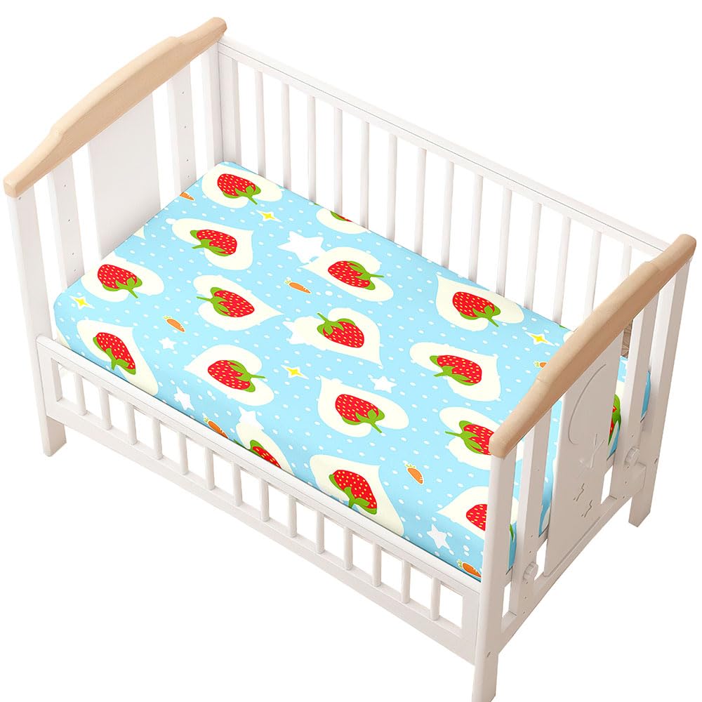 Odot Cot Bed Sheets, Strawberry Print Bedside Cribs Fitted Sheets, Baby Bed Sheets Microfiber Cot Bed Mattress Protector, Bassinet Sheets, Easy Care Soft and Dureable (45x80 cm,Blue)