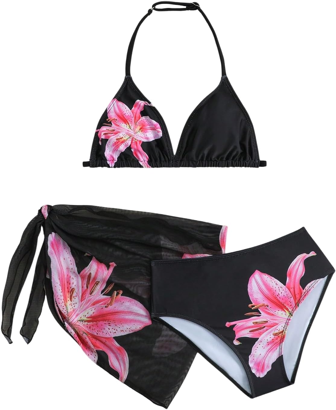 Girl's 3 Piece Swimsuits Floral High Waisted Bikini Bathing Suit with Mesh Coverups Skirt