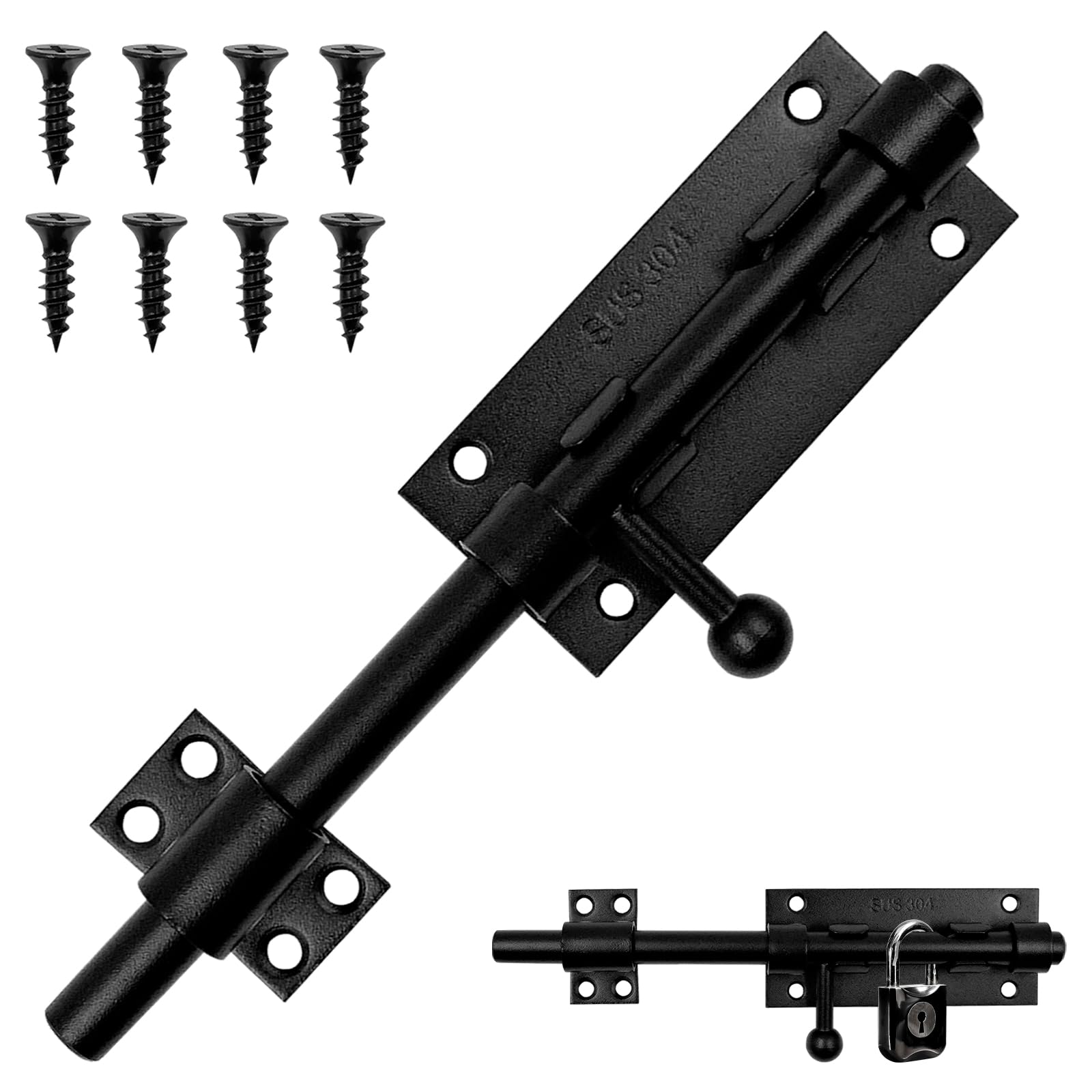 HVIHWI Stainless Steel Slide Gate Latch, Robust Door Lock Bolt with Locking Hole, Bolt Lock, Sliding Bolt Lock for Gates, Sheds, Fences, Black - Secure & Durable Metal Door Bolt