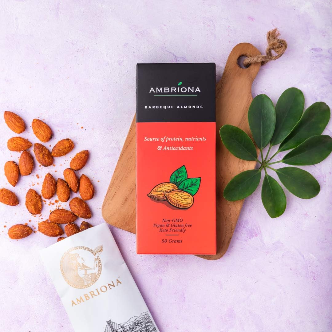 Ambriona Vegan and Gluten Free Salted Barbequed Almonds Dry Fruits, Non GMO, Keto Friendly | Good Source of Protein, Nutrients & Antioxidants | 50gm