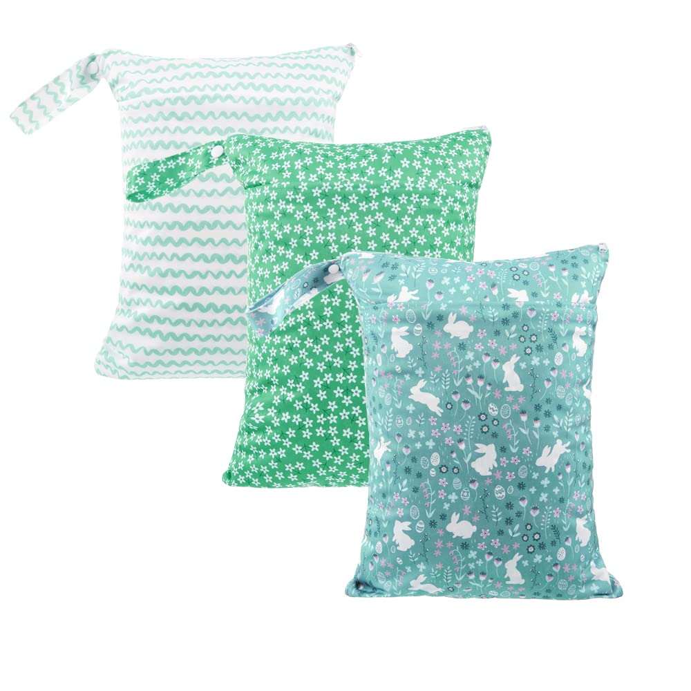MOMIGO 3 pcs/set Wet Dry Bags for Baby Cloth Diapers - Reusable Washable for Stroller, Diapers, Travel Bags, Gym Bag 11.8 * 15.7 inch (Green)