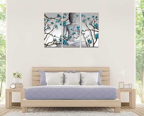 Miniatura 4 de Visual Art Decor 3 piezas de arte de pared de Buda estatua de Buda con flores azules abstractas, impresiones en lienzo para sala de estar,
