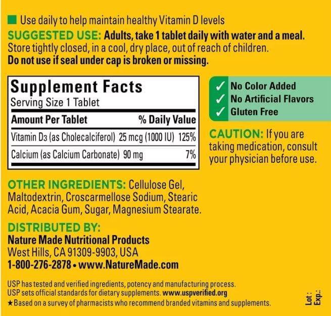 Miniatura 2 de Tabletas de vitamina D3 de 1000 UI (25 mcg), suplemento dietético hecho por la naturaleza para apoyo a la salud ósea e inmunológica, 350 unidades y
