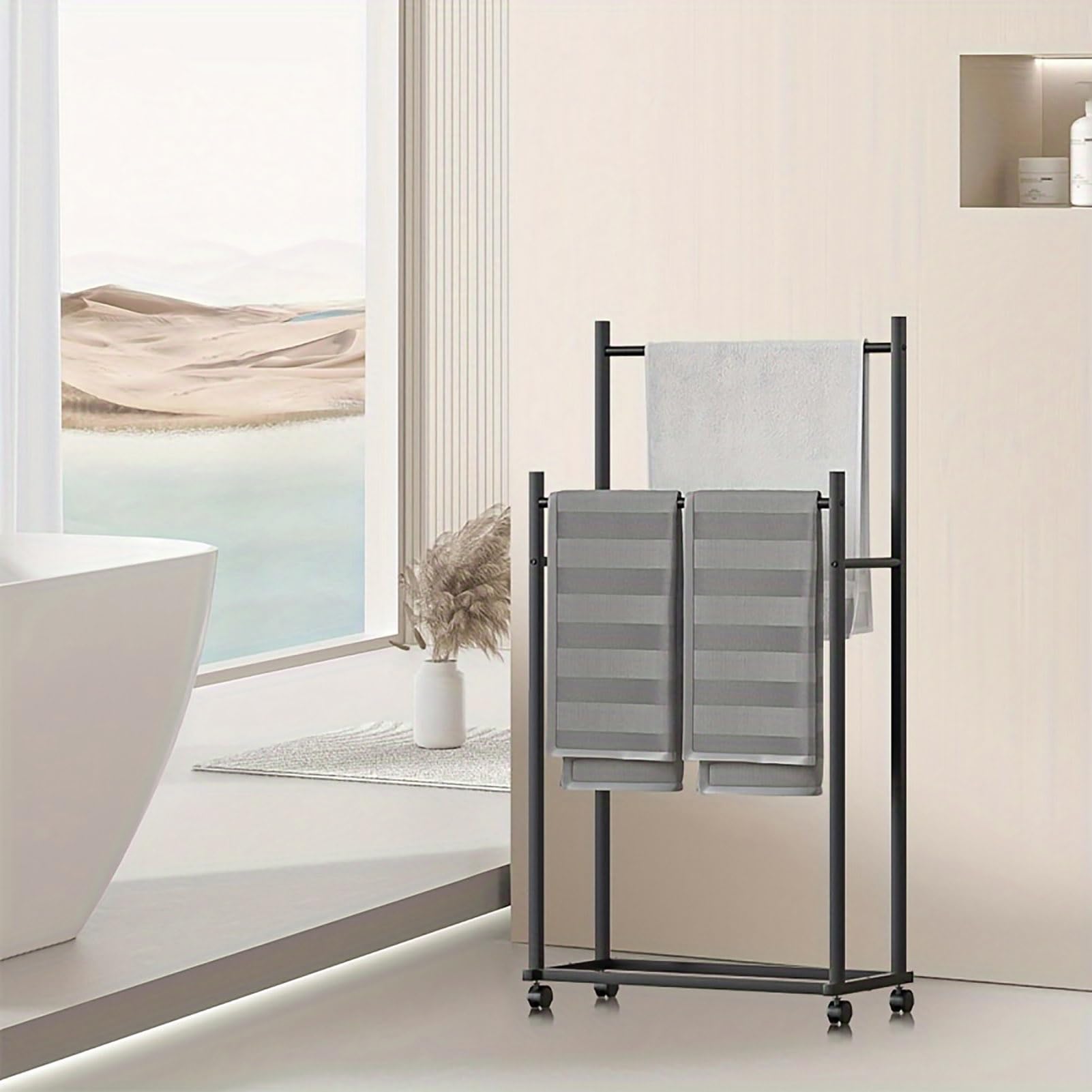 Toallero De Pie para Baño, Organizador De Baño De 2 Niveles, Manta De Almacenamiento, Estante para El Piso, Piscina, Soporte para Toallas De Metal para Exteriores, Estante De Secado