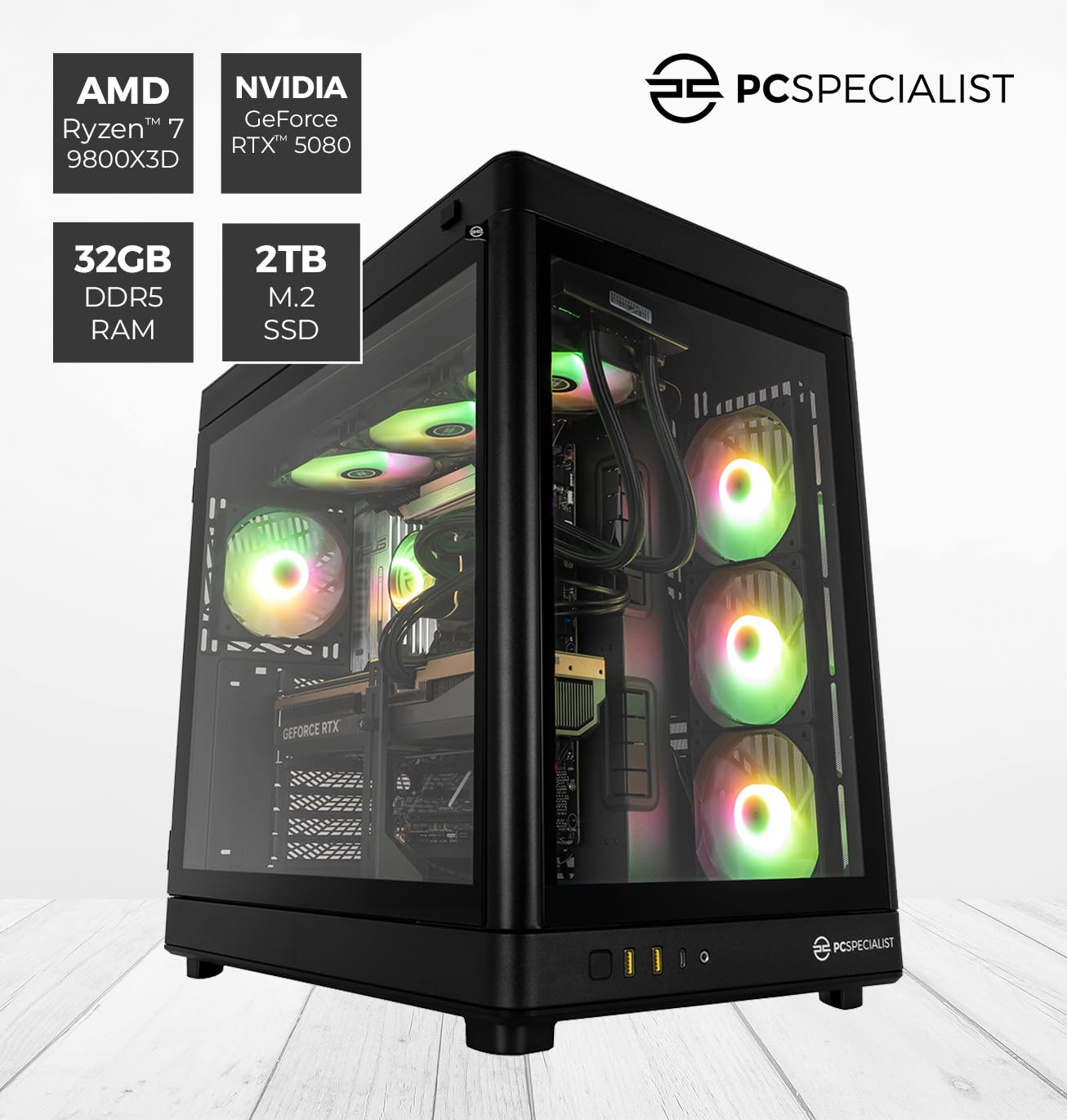 PCSpecialist Master PC Gaming - AMD Ryzen 7 9800X3D 5.20 GHz 8-Core, 32 GB DDR5 RAM, 16 GB GEFORCE RTX 5080, 2TB M.2 SSD, Windows 11