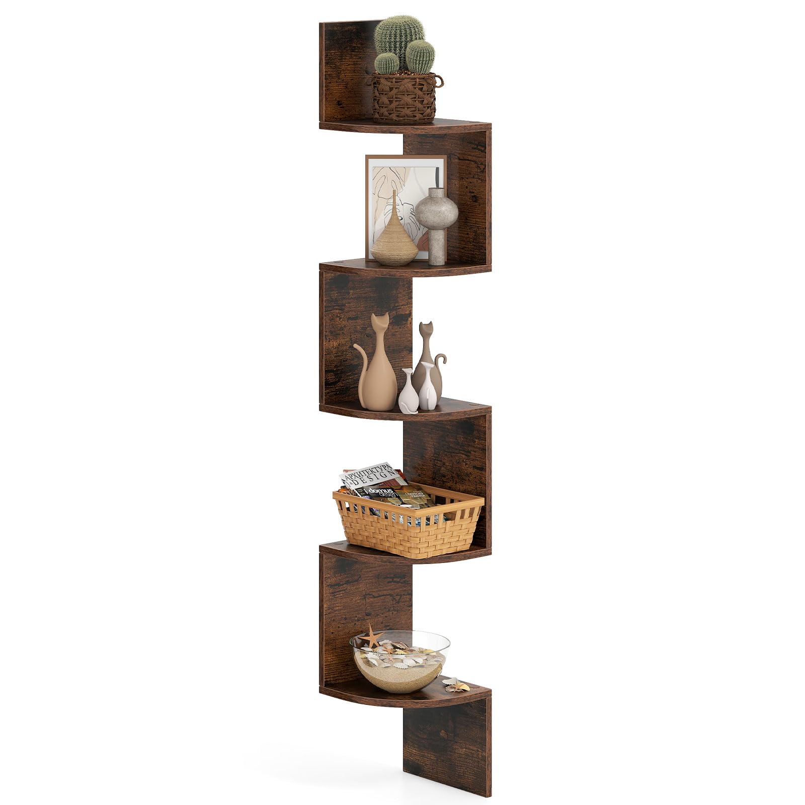 HOMFME 5-Tier Corner Shelf, Wooden Display Floating Shelves Wall Shelving Unit, Wall Mount Bookcase Corner Storage Display Rack for Living Room Bedroom Office (1, Rustic Brown)