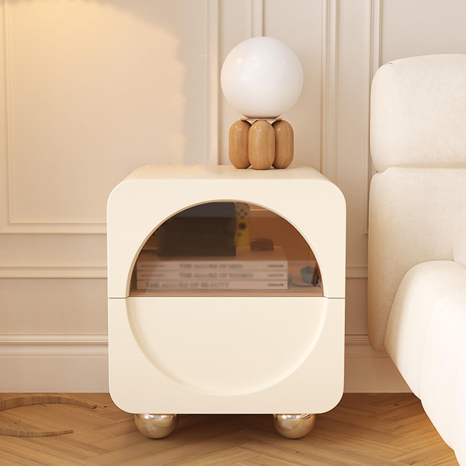 Table de chevet avec 2 tiroirs en verre trempé et cuir PU pour rangement de chambre