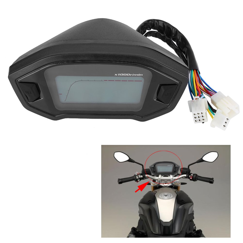 Qiilu Motorcycle Speedometer Gauge, 6 Gear Universal Motorcycle LCD Digital Speedometer Tachometer Digital Odometer Backlight Motorcycle for 2,4 Cylinders 13000RPM 199KMH