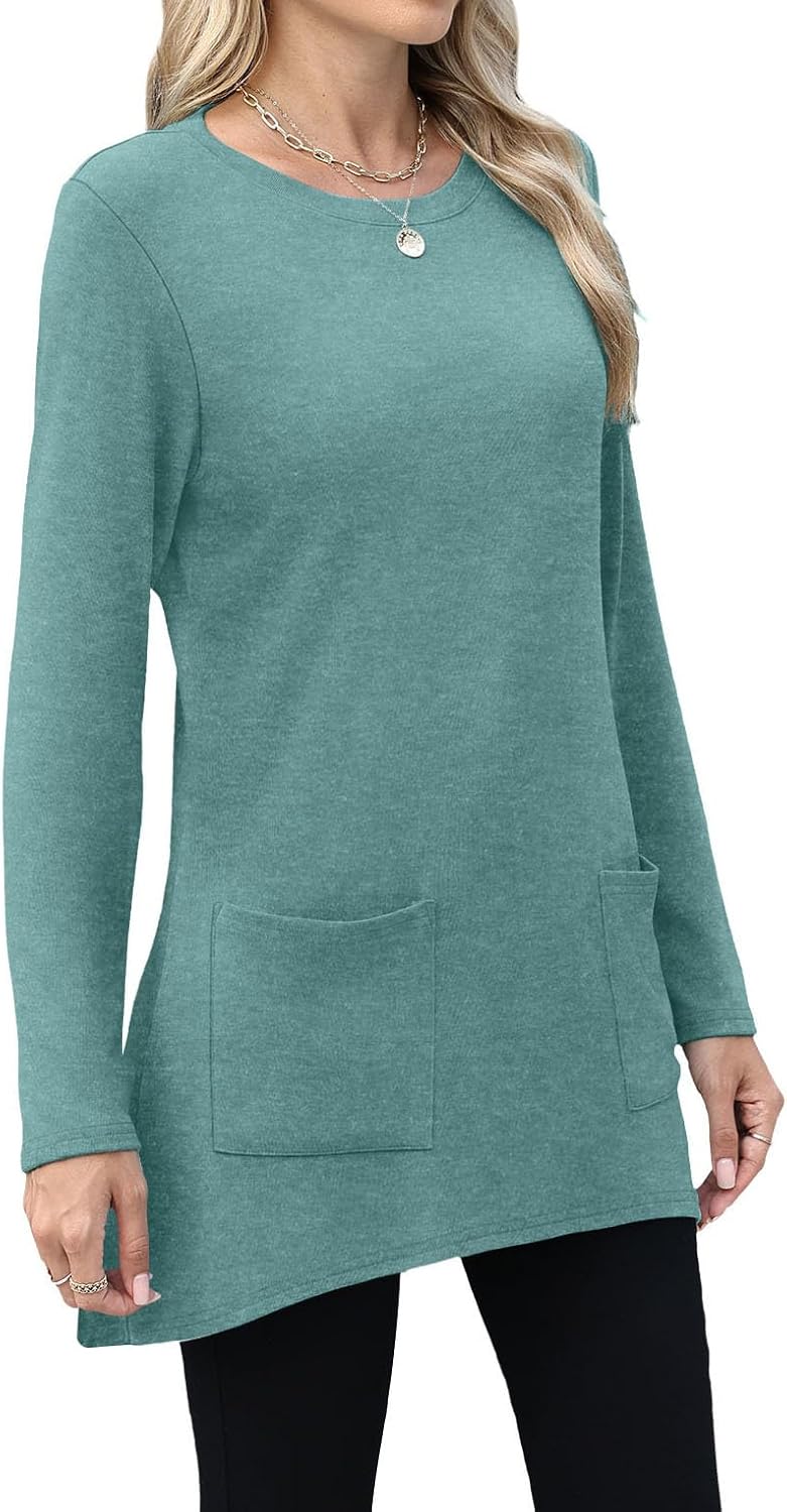 XIEERDUO Womens Tunic Tops Long Sleeve Crew Neck High Low Hem Loose Fit Shirts Blouses with Pockets - Image 4