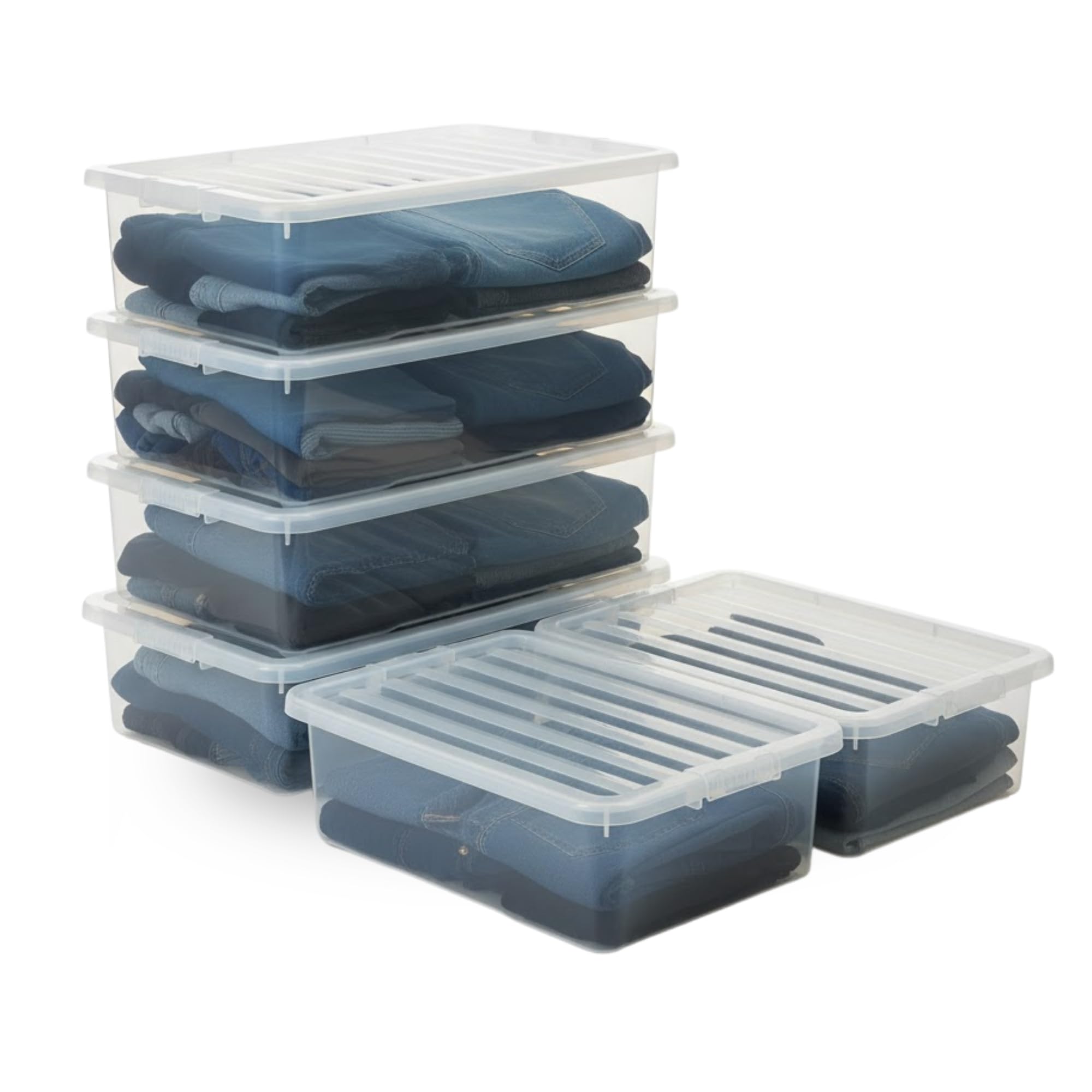 SIDSONS - 6x 32L Clear Plastic Underbed Storage Box with Lid - Space-Saving Nestable & Stackable Multi-Purpose Storage Boxes - Transparent Duvets & Clothes Organizer - Flat Storage Box with Clear Lid