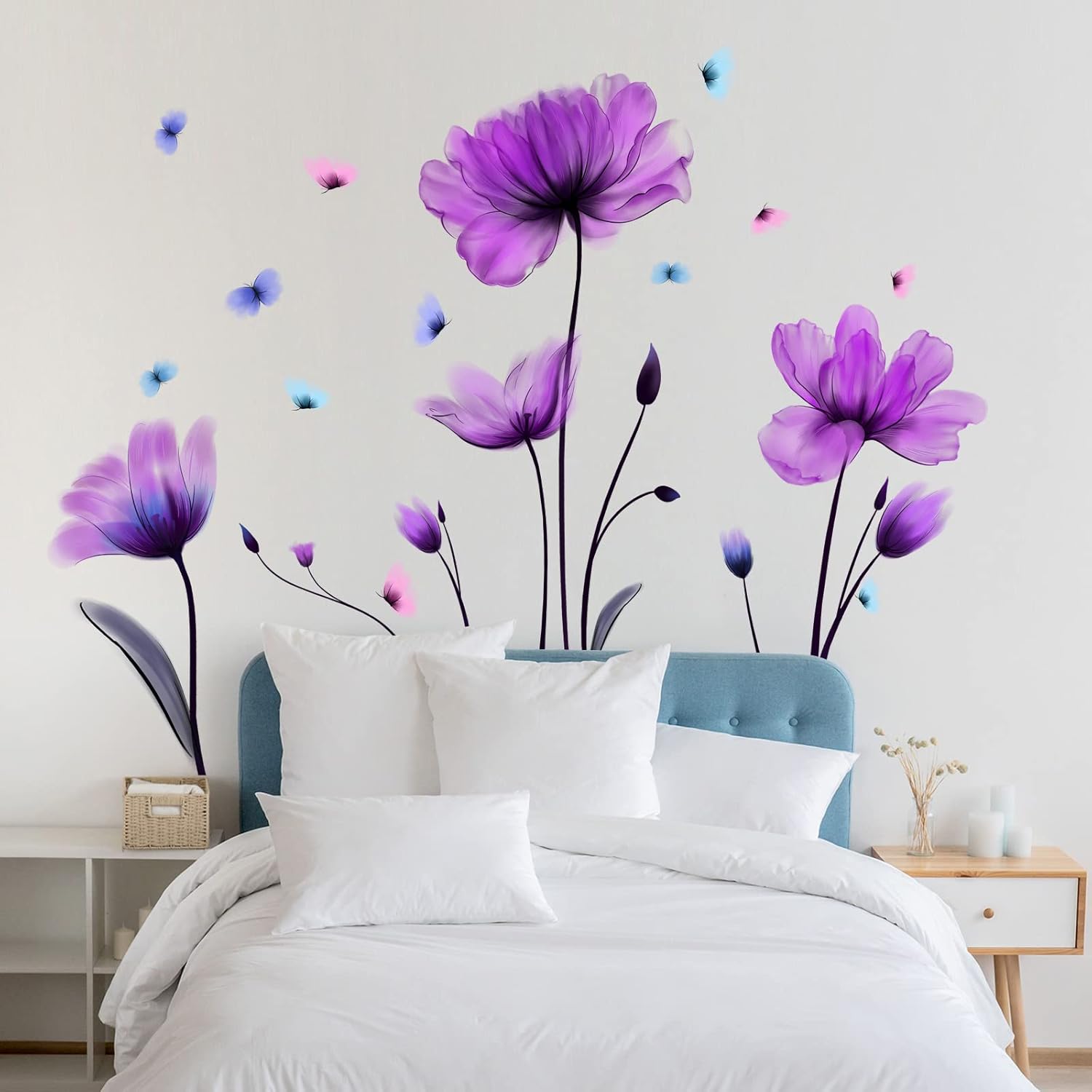 Flowers Wall Sticker Purple Floral Wall Decal Removable Butterfly Wall Stickers Self Adhesive Decal Mural for Nursery Bedroom Kids Room - Image 3