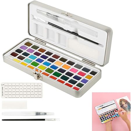 Amazon Kindness 固形水彩 絵の具 セット 50色 鉄ボックス付き ブラシ付き スポンジ付き 水筆ペン付き 溶けやすい 水彩絵の具 固形 初心者から専門家まで 透明水彩 画材 子供 固形水彩絵具 絵具 通販