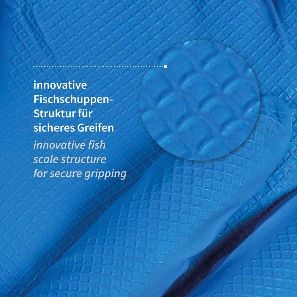 FRANZ MENSCH 500 Stück Hygostar Nitrilhandschuhe Power Grip | puderfrei, Karton, blau, 10/XL, L: 24cm, Einweghandschuhe, Mechaniker, Latexfrei, Fischschuppen-Struktur