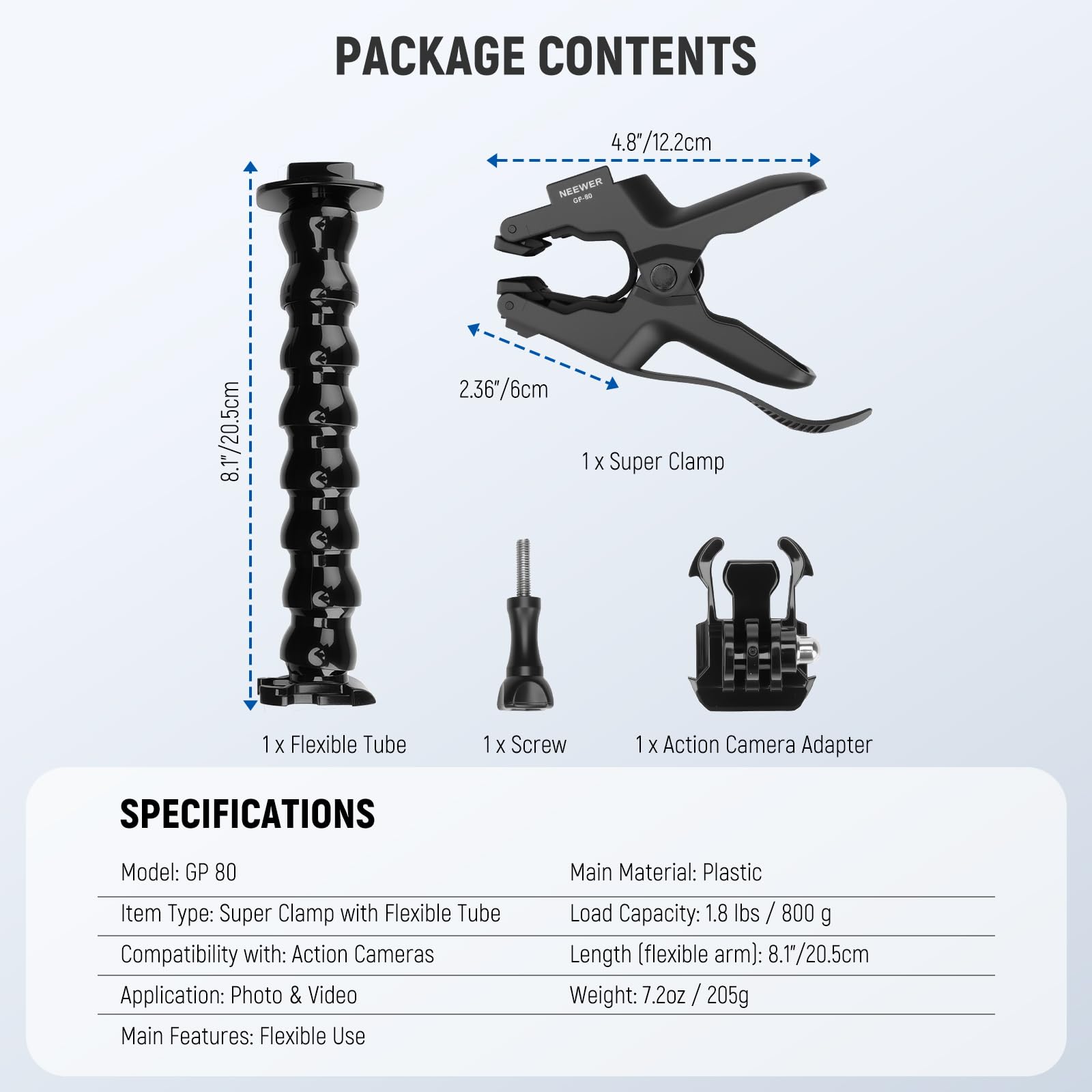 NEEWER Supporto a Morsetto Flessibile Compatibile con GoPro DJI Action Camera, Sostegno a Super Clamp Flessibile, Clip per Asta Scrivania con Tubo e Adattatore, Accessori per Foto/Videografia, GP-80