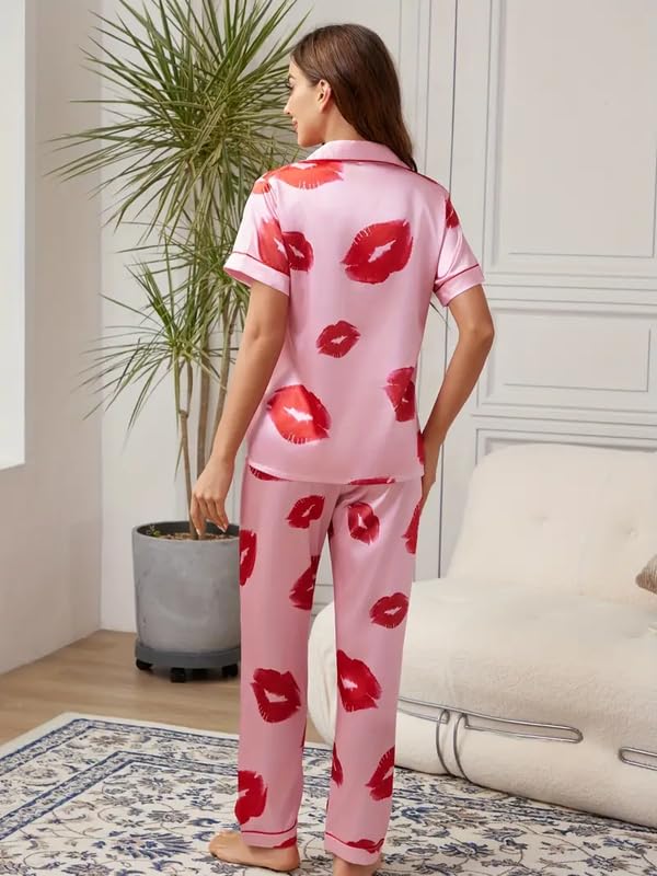 Image of Night Suit for Women with Full Sleeve Button-Down Top with Pant Dress for Woman,Night Dress for Woman, Two-Piece Loungewear Set