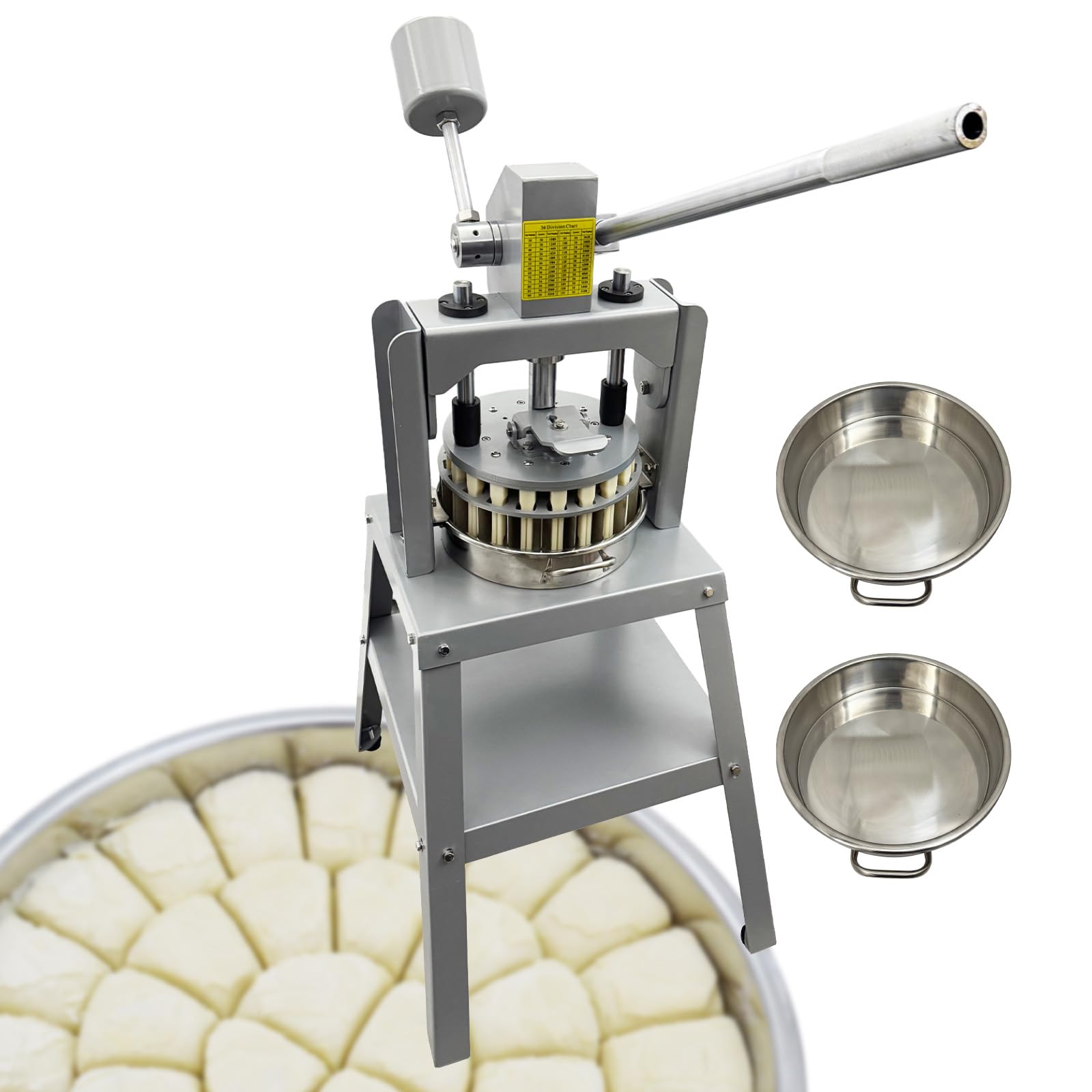 WYDDDARY 36pcs Manual Dough Divider Vertical Silver Dough Dividing Machine with 2 Stainless Steel Basins Manual Hydraulic Dough Cutter for Bread Making