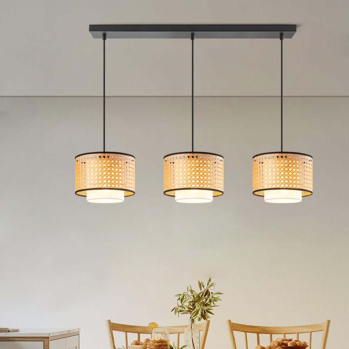 AKWAY Bamboo Hanging lamp for Living Room | Rattan Hanging lamp for Drawing Room | Cane Pendant Light for Home Decoration (9" Dia x 7" H) (Bulb not Included)(3 Unit, Rectangle Fitting) - Harman