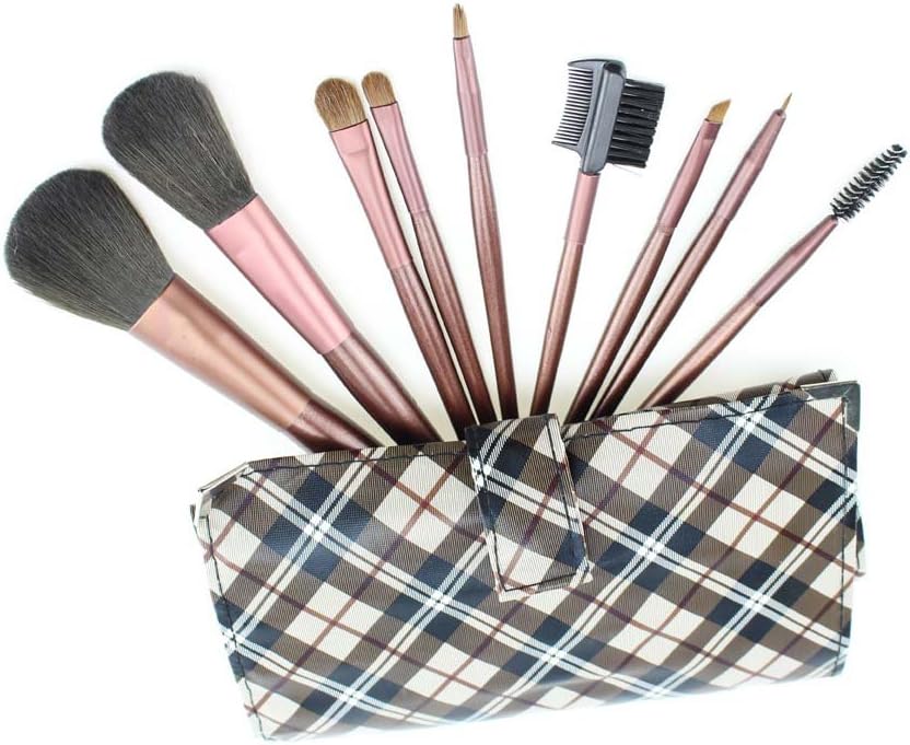 ACME 9pc Professional Travel Makeup Brush Set Kit Makeup Brushes Eyebrow Lip Eyeliner Cosmetic Tool with Leather Pouch
