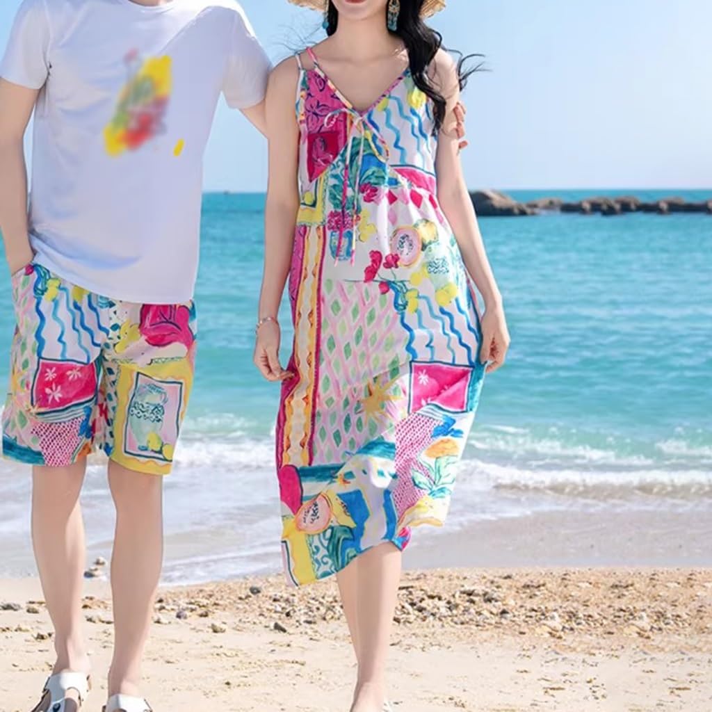 Abito da Vacanza con Spalline A Stampa Colorata, Abito da Spiaggia Estivo da Donna con Scollo A V, Spalline con Fiocco