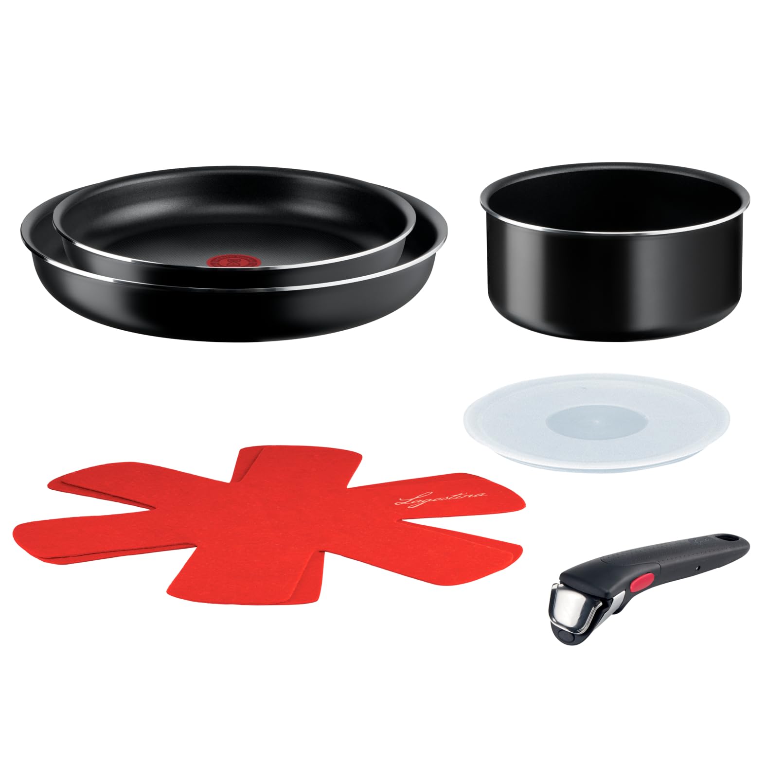 Lagostina Ingenio Easy Start Set di Pentole e Padelle antiaderenti, 7 Pezzi, Batteria con 2 Padelle, Casseruola, Coperchio in Plastica, 2 Proteggi Pentola, Manico Amovibile