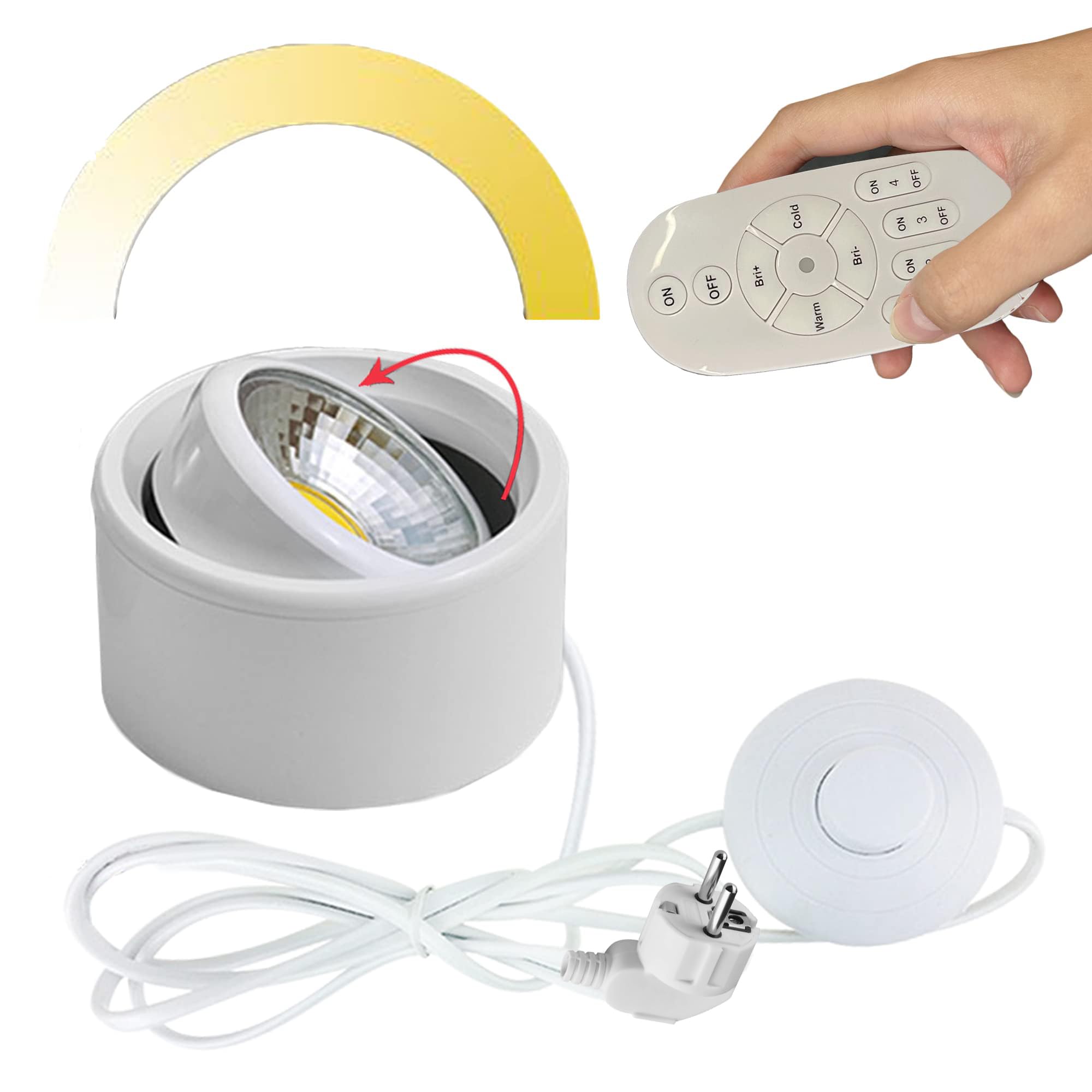 7W Spot Lampe LED Dimmbar,Weiß Wandstrahler mit 1,8 m Schalterkabel und Fernbedienung,1 Packung LED Pflanzenstrahler, Drehbar Licht Kopf für Pflanzen Gemälde Dartscheibe Schrank BD2334