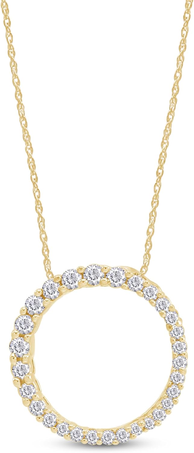 THE JEWEL ZONE 14K Gold Over Sterling Silver Circle Pendant Necklace | Solitaire Pendant Necklace | Eternity Circle Pendant | Dainty Natural Diamond Halo Choker Necklaces for Women (0.33 Ct)