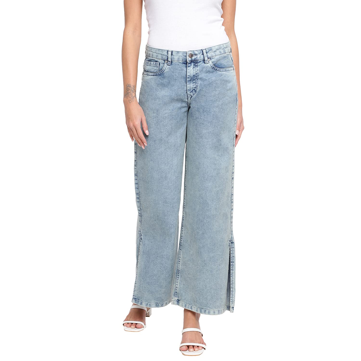 tales & stories Women's Solid Light Blue Poly Cotton Ankle Length Flared Jeans-Y114712-picture-11