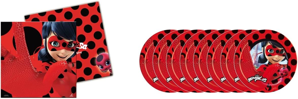 ALMACENESADAN 1100, Basic Lady Bug Party and Birthday Pack, Composed of 8 Plates 23 cm Cardboard and 20 Paper Napkins